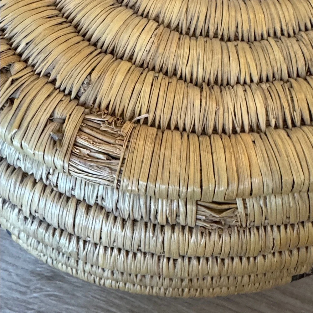 Inuit coil Lyme sea grass woven double soapstone walrus with tusks lid handle